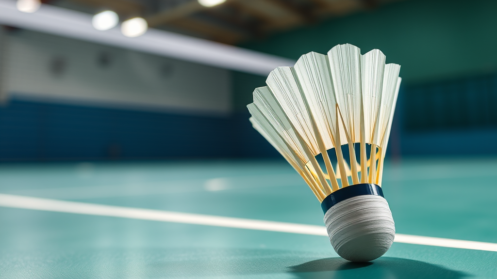 A close-up of a shuttlecock resting on a badminton court with a turquoise floor and a blurred background.
